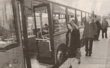 Some of the first passengers to use the Park+Ride facility at Perdiswell which started operating in April last .